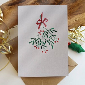 Cartões de Natal. Conjunto de 6 cartões "Visco com Fita Vermelha". Cartões de felicitações de Natal minimalistas pintados à mão