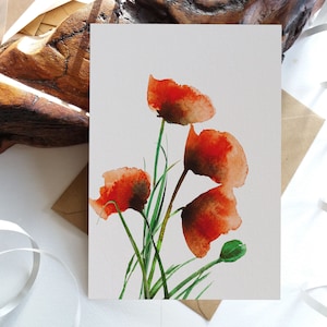 Juego de tarjetas. Tarjeta floral. Tarjetas de felicitación y notas plegadas en blanco con amapolas abstractas. Opciones de textura de tarjeta. Originalmente pintadas a mano.