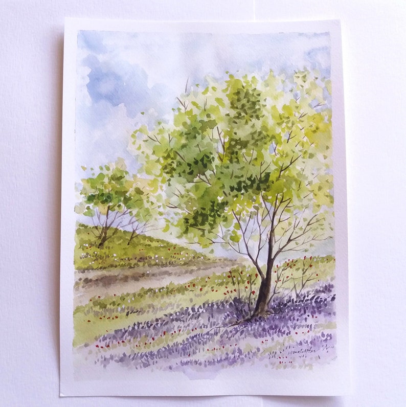 Spring Landscape. Bluebell Wood. Bluebell Field. Original Watercolor Painting image 3