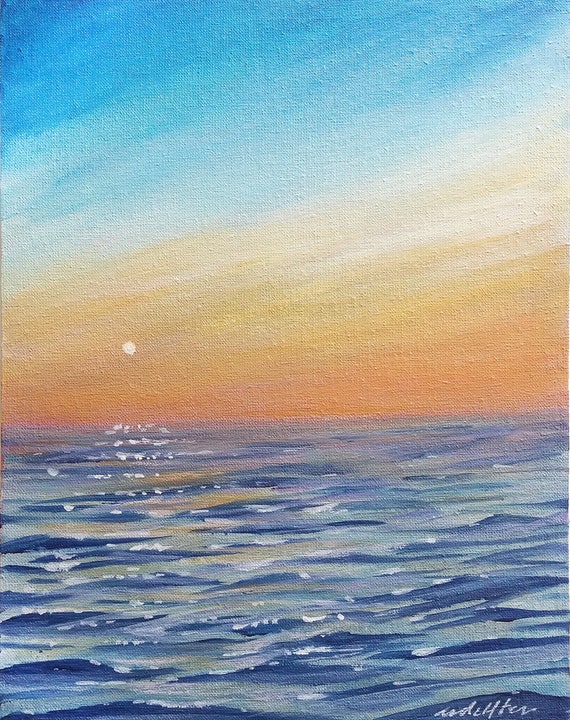 海の夕日。フラット キャンバス パネルに描かれたアクリル画。縦 海の夕日。フラット キャンバス パネルに描かれたアクリル画。縦