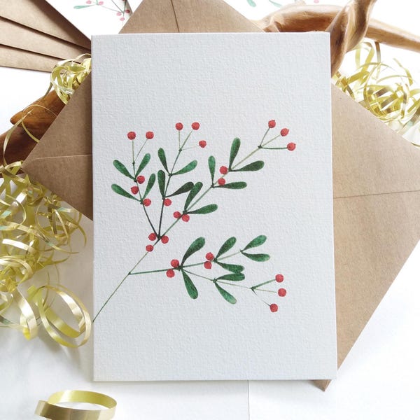 Weihnachtskarten. Set aus 6 Karten zum Sammeln Rote Mistel. Feiertags-Grußkarten