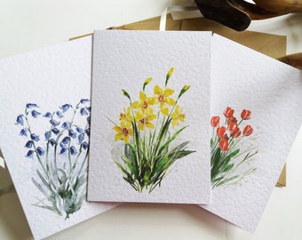 Cartes florales - fleurs printanières - lot de 3 cartes de correspondance vierges pliées - jacinthes des bois, jonquilles, tulipes rouges.