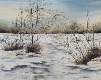 Snowy Winter Landscape. Original Watercolor Painting. Wall Art