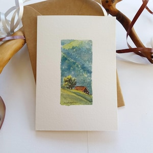 Handgemalte Karte. Almhütte.  Mini Aquarell Landschaft.