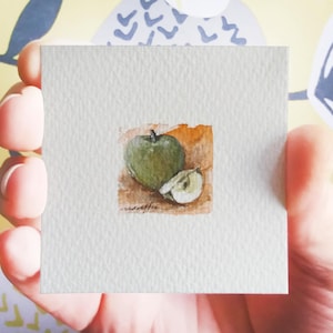 Pittura in miniatura. Mela verde, Frutta, Dipinto ad acquerello originale, Dipinto ad acquerello minuscolo