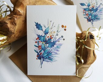 Christmas Cards - Winter Leaves in Blue, Set of 6 Cards, Folded Blank Cards, Originally Hand painted Cards, Holiday Greeting Cards