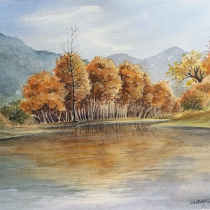 Autumn Lake. Tree Grove. Original Watercolor Autumn Painting