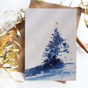 Christmas Cards. Set of 6 Blue "Winter Evergreen" Cards. Folded Holiday Greeting Cards