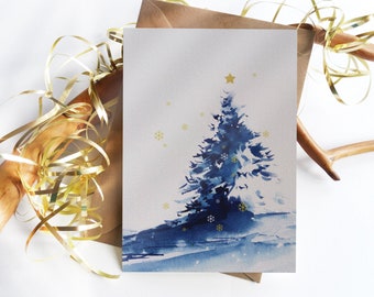 Christmas Cards. Set of 6 Blue "Winter Evergreen" Cards. Folded Holiday Greeting Cards