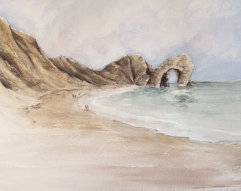 Original Watercolor Painting - Durdle Door Jurassic Coast - Seascape - Danish Wall Art Decor.