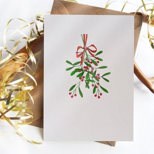 Christmas Cards. Set of 6 "Ribbon Mistletoe" Cards, Handmade, Folded Holiday Greeting Cards, Handmade Greeting Cards