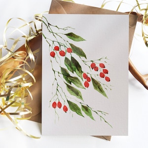 Set di 6 carte botaniche - Foglie e bacche invernali - Biglietti d'auguri e biglietti d'auguri vuoti piegati - Opzioni texture carta - Originariamente dipinto a mano