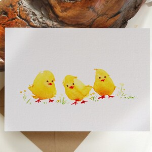 Set di biglietti. Biglietto di auguri con uccelli. Tre pulcini gialli - Biglietto di auguri vuoto piegato, biglietto di auguri. Originariamente dipinto a mano