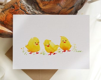 Bird Cards. "Three Yellow Chicks". Card Set. Minimalist. Folded Blank Note Cards, Originally Hand painted. Handmade Greeting Card