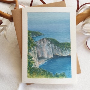 Cartão pintado à mão. Praia das Falésias Brancas. Mini Pintura de Paisagem Guache