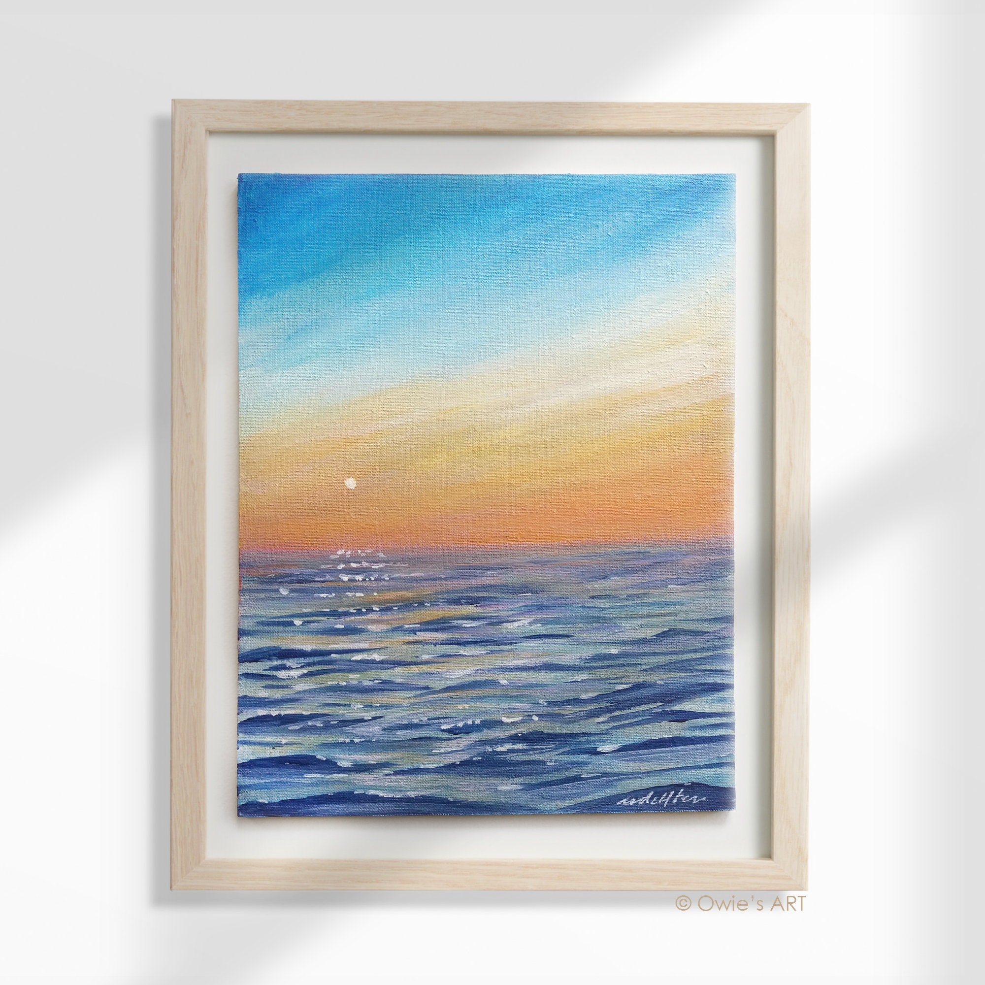アクリル画 海の風景 太陽 青い空 青い海 打ち寄せる波 浜辺 絵画