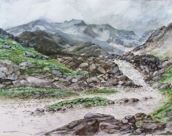 Cascade, Rocky Landscape, Mountain Pass, Original Watercolor Painting