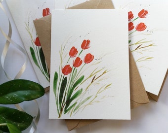 Greeting Cards, Red Tulips Card Set - Simple, Elegant, Originally Hand painted, Card Print, Handmade Greeting Card
