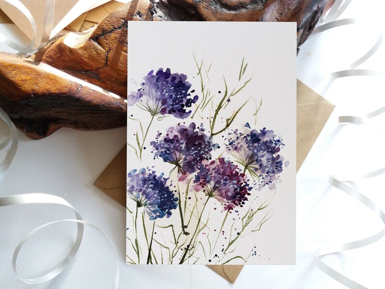 Floral Card Set: Abstract Purple Watercolor Blossoms, Blank Note Cards ...