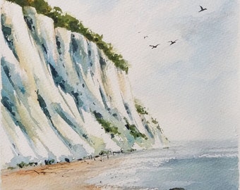 White Cliffs, Møns Cliff, Denmark Landscape. Original watercolor painting. Vertical Wall Art
