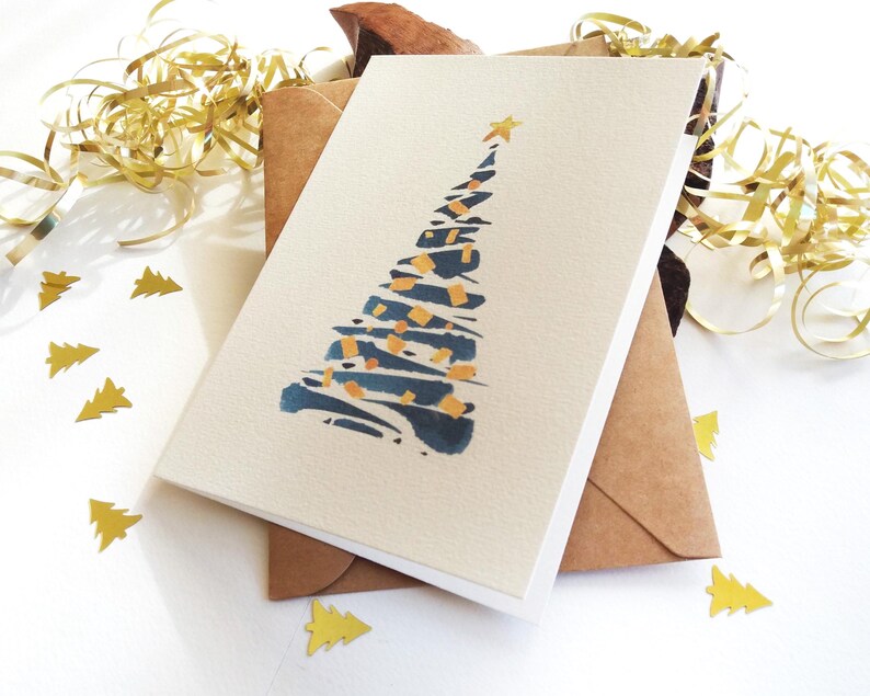 Christmas Cards. Set of 6 - Abstract Blue Christmas Tree - Holiday Season Greetings image 2