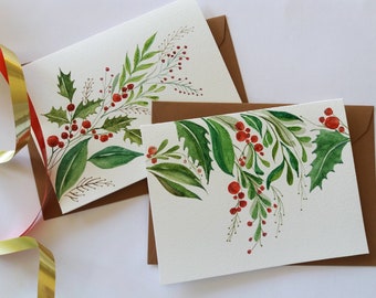 Christmas Cards, Set of 2 Hand painted cards - Winter leaves, Winter Berries, Botanical Cards, Watercolor Cards, Mini Art Painting