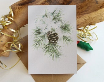 Christmas Cards. Set of 6 "Snowy Pine Cone" Cards. Folded Holiday Greeting Cards