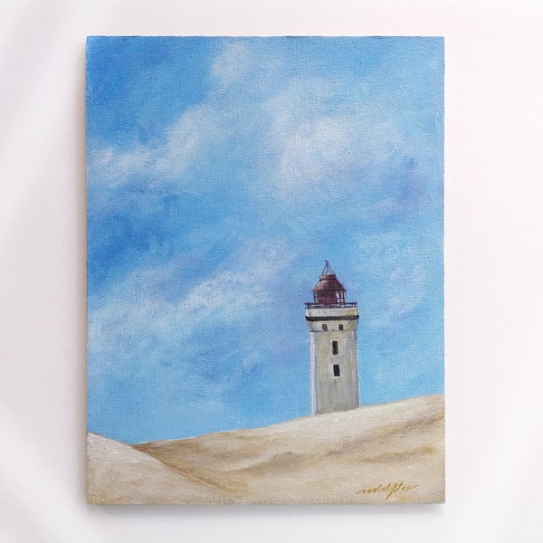 Acrylic Painting. Original landscape painting on Flat Canvas Panel. Light House. Sand Dunes.