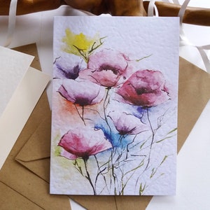 Juego de tarjetas. Tarjeta floral. Tarjetas de felicitación y notas en blanco plegadas con flores de verano. Opciones de textura de tarjeta. Originalmente pintadas a mano.