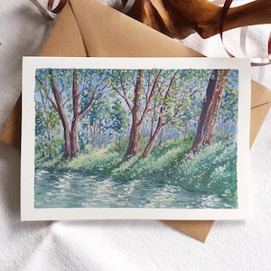 Cartão pintado à mão. Vista Floresta, Rio. Mini Pintura de Paisagem Guache