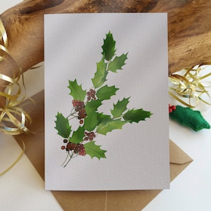 Christmas Cards. Set of 6 "Holly Leaves" Cards. Folded Holiday Greeting Cards