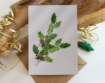 Christmas Cards. Set of 6 "Holly Leaves" Cards. Folded Holiday Greeting Cards