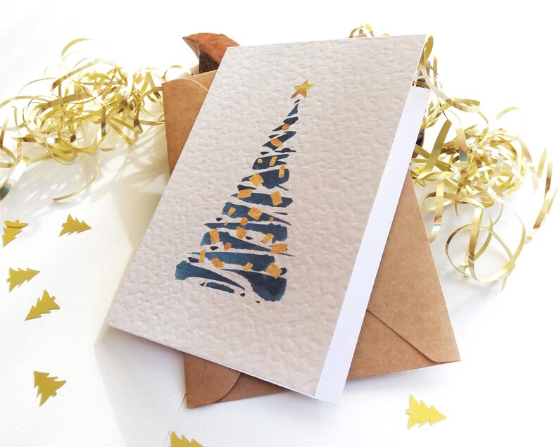 Christmas Cards. Set of 6 - Abstract Blue Christmas Tree - Holiday Season Greetings Hammer (white)