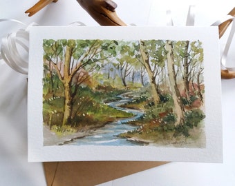 Hand painted card - Summer Landscape, Forest, Trees, Stream, Mini Landscape, Watercolor Card, Mini Art Painting