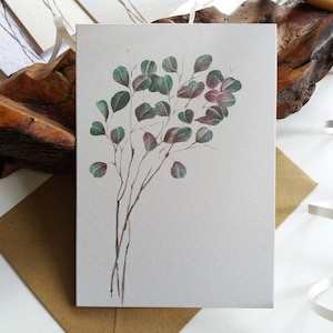 Kaartenset. Botanische kaart. Eucalyptusbladeren - gevouwen blanco set notitie- en wenskaarten - Kaarttextuuropties - oorspronkelijk handgeschilderd