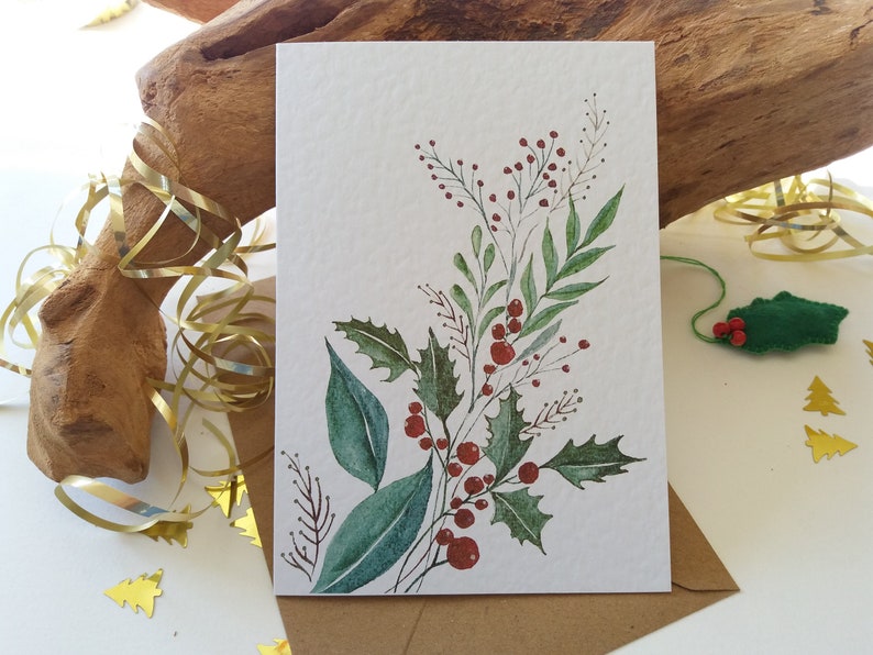 Botanical Card Set Christmas Ornaments Folded Blank Note and Greeting Cards Card texture options Originally Hand painted image 1
