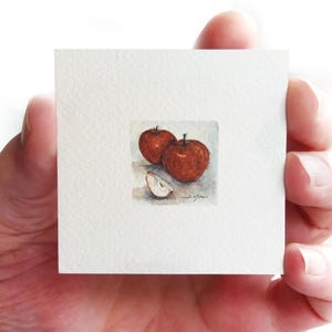 Dipinto in miniatura. Mele rosse, Frutta, Acquerello originale, Acquerello minuscolo