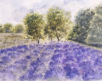 Original Watercolor Painting of Lavender Field, Landscape Painting, Wall Art
