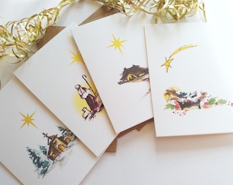 Christmas Cards. Set of 4 - Barn in Bethlehem, Jesus in Manger, Shepherd, Christmas Church - Christian, Religious - Holiday Season Greetings