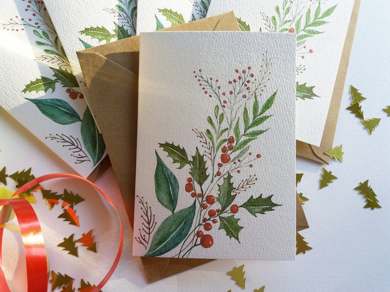 Botanical Card Set Christmas Ornaments Folded Blank Note and Greeting Cards Card texture options Originally Hand painted image 4