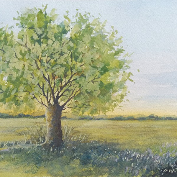 Lone Tree in Field. Original gouache painting. Landscape Wall Art.