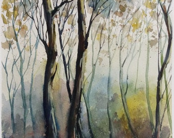 Deep Forest Landscape. Abstract Trees. Original watercolor painting. Nature Painting Wall Art.