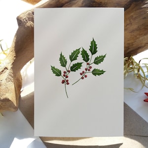Christmas. Set of 6 "Holly Leaves" Cards. Folded Holiday Greeting Cards