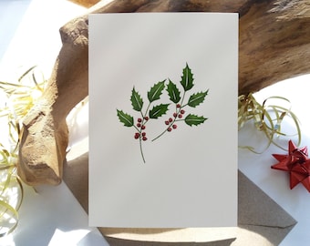 Christmas. Set of 6 "Holly Leaves" Cards. Folded Holiday Greeting Cards