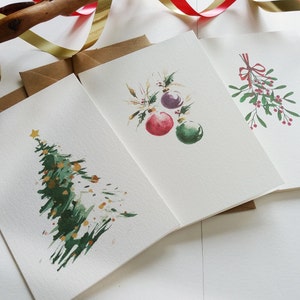 Biglietti di Natale - Set di 3 biglietti assortiti - Albero di Natale sempreverde, palline di Natale, vischio a nastro - Biglietti originariamente dipinti a mano