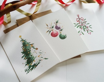Christmas Cards - Set of 3 Assorted Cards - Evergreen Christmas Tree, Christmas Baubles, Ribbon Mistletoe - Originally Hand painted Cards