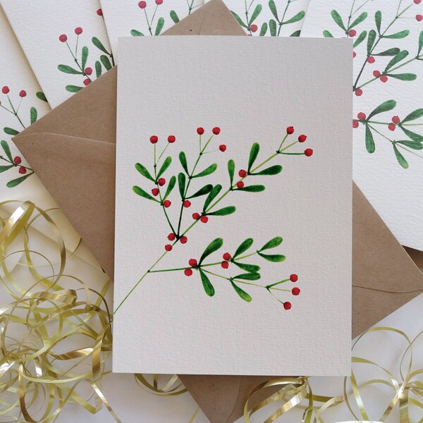 Christmas Cards. Set of 6 "Mistletoe" Cards. Originally Hand painted Cards, Minimalist Holiday Greeting Cards