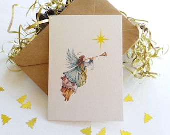 Cartões de Natal. Conjunto de 6 cartões "Anjo Trombeta". Cartões de Natal religiosos. Cartões de Natal minimalistas, pintados à mão.