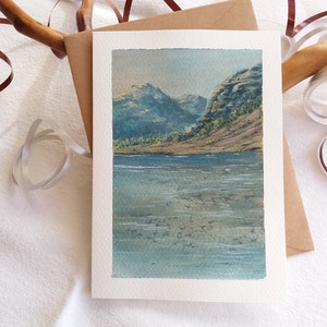 Cartão pintado à mão. Ainda Lago. Mini Pintura de Paisagem Guache