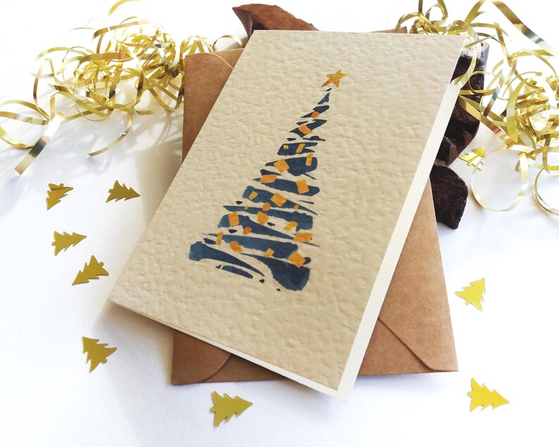 Christmas Cards. Set of 6 - Abstract Blue Christmas Tree - Holiday Season Greetings Hammer (ivory)